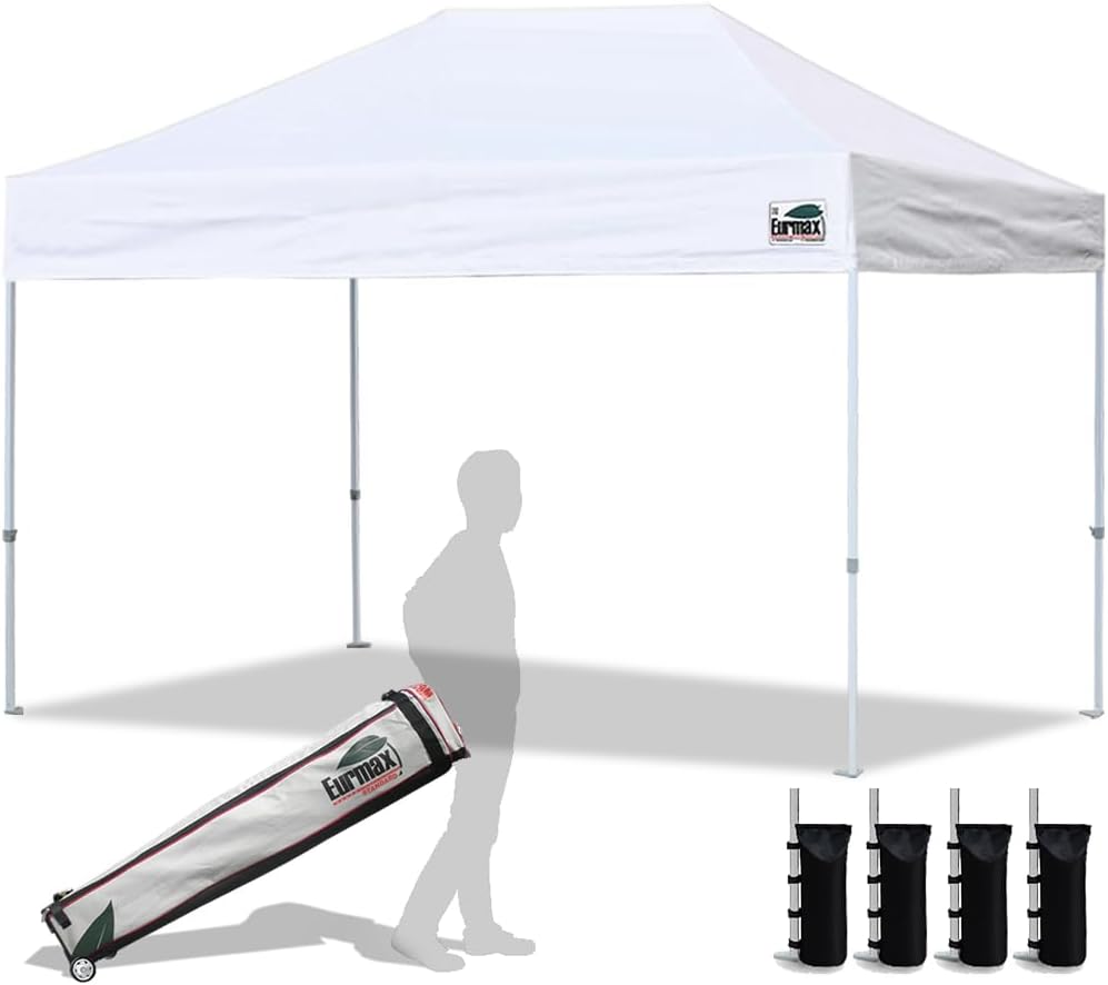 Eurmax USA 10x10ft Pop Up Canopy,Commercial Instant Tent for Outdoor Events,Patented No-Tip Rolling Storage Bag with 4 Sandbags,UV & Water Resistant,Heavy Duty Portable Shelter Gazebo,Black