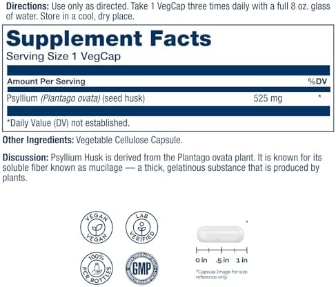 SOLARAY Psyllium Husk Capsules – 525 mg Prebiotic and Soluble Fiber Supplement for Overall Daily Wellness Support – Vegan