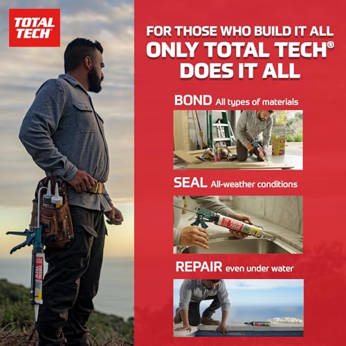 Total Tech, White, 9.8oz Cartridges, Heavy-Duty Construction Adhesive & Sealant Caulk, Flexible, All-Weather, Watertight, UV-Resistant, High Strength, Instant Grab, Ideal for Pools, Bathtubs