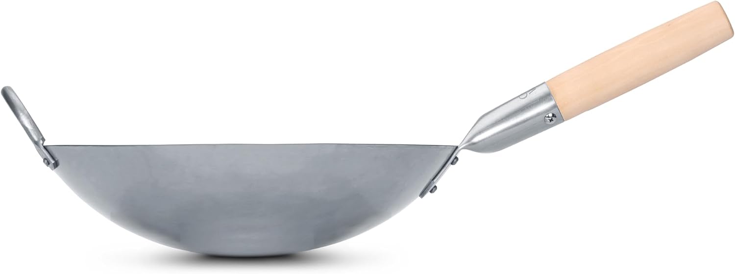 Craft Wok Traditional Hand Hammered Chinese Carbon Steel Wok with Wooden and Steel Helper Handle (14 Inch, Round Bottom Pow Wok Pan) / 731W88