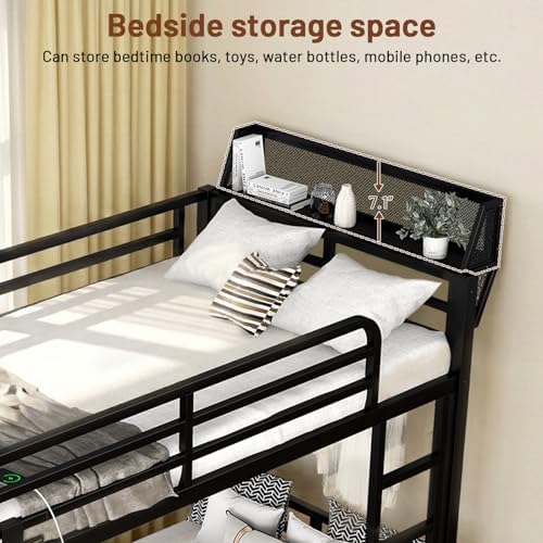 Twin XL Bunk Bed with Foldable Desk, LED Lights & Charging Station, Black | Upper Bunk Storage & 2 Drawers, Safety Guardrails with 4 Hooks, Space-Saving Design for Kids and Teens