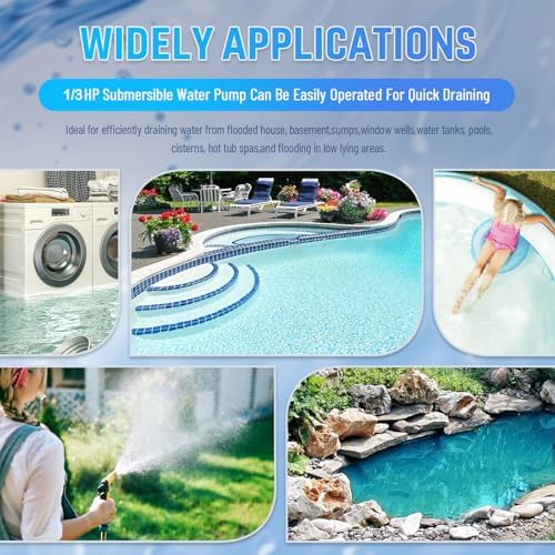 1/3 HP Submersible Water Pump 2000 GPH Portable Small Sump Pump For Pool Cover, Basements, Puddles