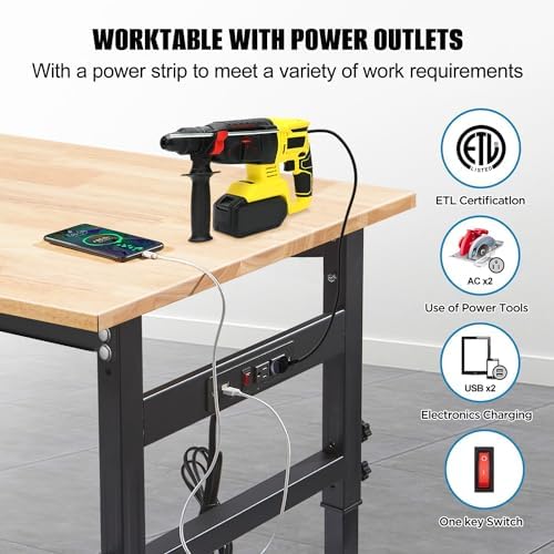 60in Adjustable Height Workbench Desk with Drawers,Power Outlets, Rubber Wood Top Heavy-Duty Work Table, 2000 LBS Load Capacity Work Station for Garage, Workshop, Office, Home