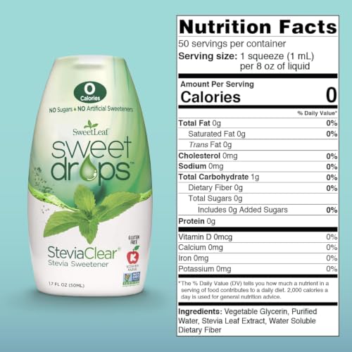 SweetLeaf Stevia Drops Liquid Sweetener, SteviaClear - 1.7 Fl Oz, Pack of 1 | Unflavored Sweet Drops, Stevia Leaf Extract, Zero Calorie, No Erythritol, Sugar Substitute