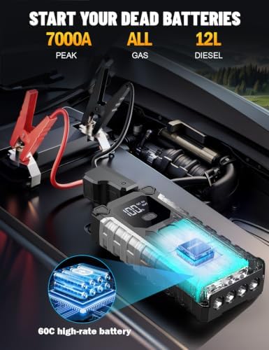 Sharmeal Car Jump Starter 7000A, Jump Starter Battery Pack for All Gas and 12.0L Diesel, 12V Portable Jump Box with LED Light