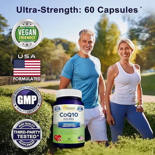 aSquared Nutrition CoQ10 (200 Capsules and 200mg) - High Absorption Vegan CO Q-10 Powder - Enzyme Ubiquinone Supplement Pills, Extra Antioxidant Coenzyme Q10 Vitamin, Coq 10 Alernative to Softgels