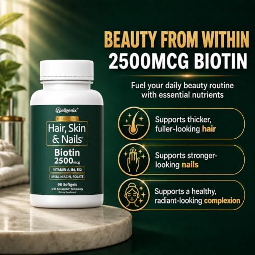 Wellgenix Purvana Hair Skin and Nails Supplement – 2500mcg Biotin Softgels with MSM & B-Complex – Daily Beauty Support for Stronger Nails & Hair Vitality – 90 Softgels | MSM, alpha lipoic acid & grape seed softgels for thicker-looking hair, stronger-look…