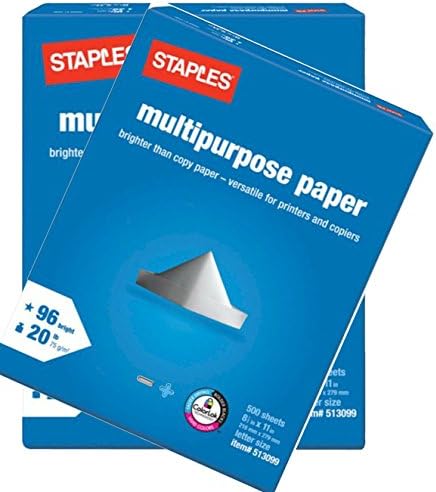 2 Pack: Staples Multipurpose Copy Fax Laser Inkjet Printer Paper, 8 1/2 Inch X 11 Letter Size, 20 Lb., 96 Bright White, Acid Free, Ream
