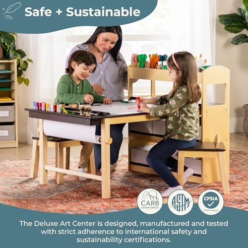 Guidecraft Deluxe Art Center: Kids' Montessori Art Table and Chairs Set with Storage Shelves, 6 Fabric Bins