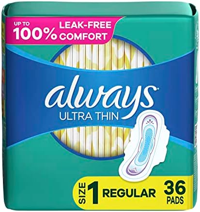 Always Ultra Thin Feminine Pads for Women, Size 1 Regular Absorbency, Multipack, with Wings, Unscented, 36 Count x 2 Packs (72 Count Total)