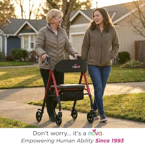 NOVA Star 6 Foldable Rollator Walker for Seniors, Wide Padded Backrest with Seat, 6” All-Terrain Wheels, Easy-Grip Locking Hand Brakes, Height Adjustable, Blue