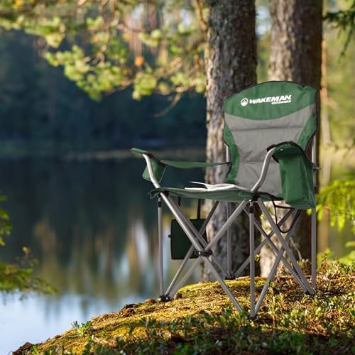 Oversized Camping Chair 300lbs - Heavy Duty Folding Chair with Cooler Pouch and Carry Bag for Camp Sites, Tailgates, or Beach by Wakeman (Blue)