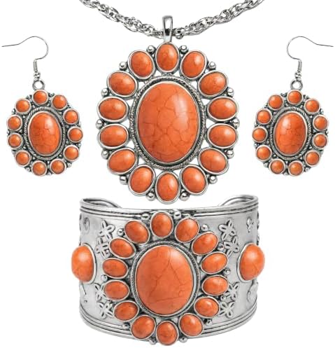 Shop LC Howlite Western Jewelry Set for Women Boho Cowgirl | 3-Piece Necklace Bracelet Earrings, Turquoise-Inspired, Chunky Statement, Southwestern