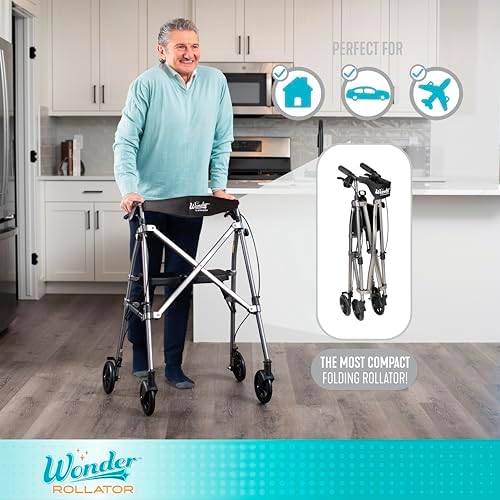 Stander Space Saver Rollator, Lightweight Folding Rolling Walker with Seat for Seniors & Adults, 4-Wheel Mobility Aid with 6-inch Wheels