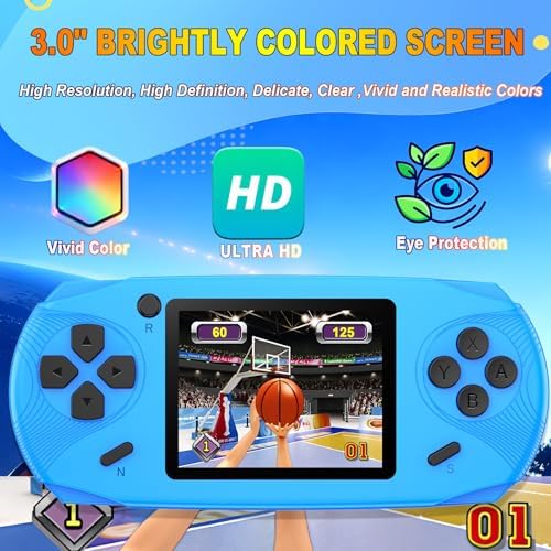 16 Bit Handheld Games for Kids Preloaded 220 Retro Video Games, Blue | 3.0" HD Screen, Rich Gameplay,USB-C Rechargeable, 6+Hrs Play, Portable Travel Toy for Car Flights,Boys Girls Birthdays Gift