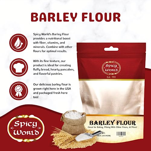 Spicy World Barley Flour - 4 lb (64oz) Bag | All-Natural, Raw, USA Grown | Versatile Barley Grain for Baking, Cooking, and More | Rich Source of Fiber