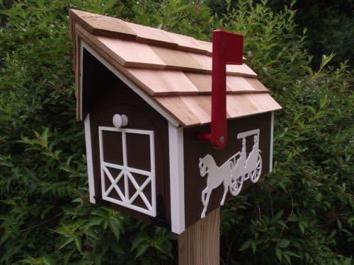 Amish Handmade Handcrafted Rural Mailbox w Flag Horse & Buggy Brown/White