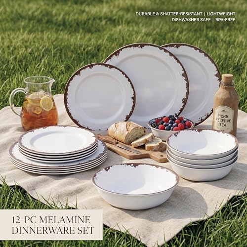 Rustic Melamine Dinnerware Set,12-Piece Plates and Bowls Sets,Yinshine Unbreakable Melamine Dish Set,Lightweight,Service for 4,Dishwasher Safe,Green