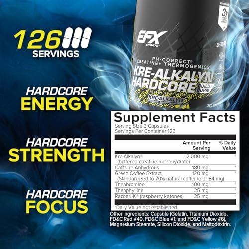 EFX Sports Kre-Alkalyn Hardcore | Thermogenic pH Correct Creatine Monohydrate Pill Supplement | Energy & Strength Pre Workout | 40 Servings, 120 Capsules