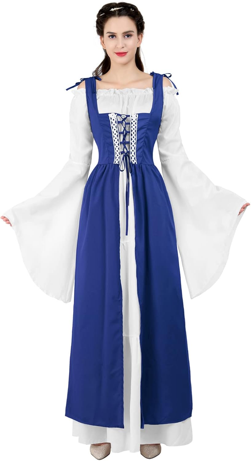 Kranchungel Renaissance Costume Women Dress: Flowy Long Sleeve Medieval Dress for Renaissance Faires & Medieval Festival