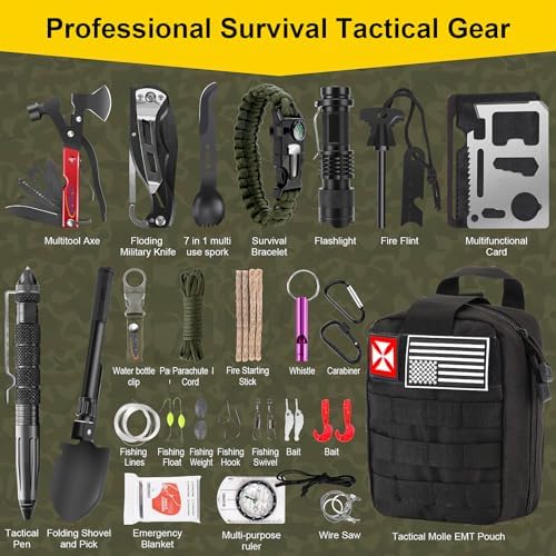 Survival First Aid Kit, 248PCS Survival Tools Camping Essentials Tactical Gear Emergency Trauma Medical Supplies Packed in a MOLLE Pouch, Saber Card