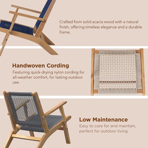 Balkene Home Vega Acacia Wood Outdoor Reclining Chair, Navy Blue Web Seat