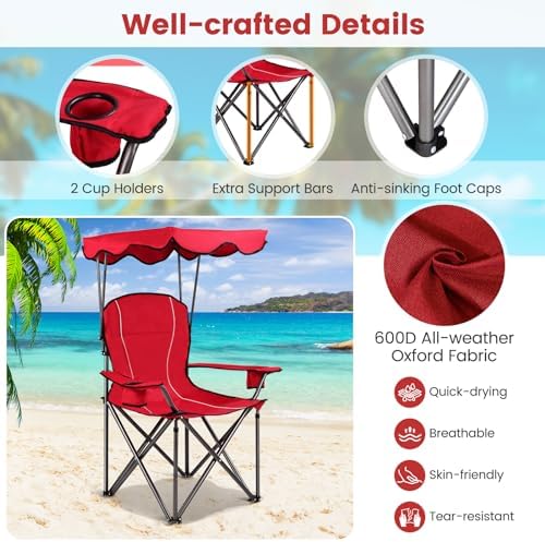 Goplus Camping Chair with Canopy Shade, Folding Lawn Chair with Umbrella Cup Holder & Carry Bag, Portable Sunshade Chair for Adults for Beach Outdoor Travel Hiking Fishing (Red)