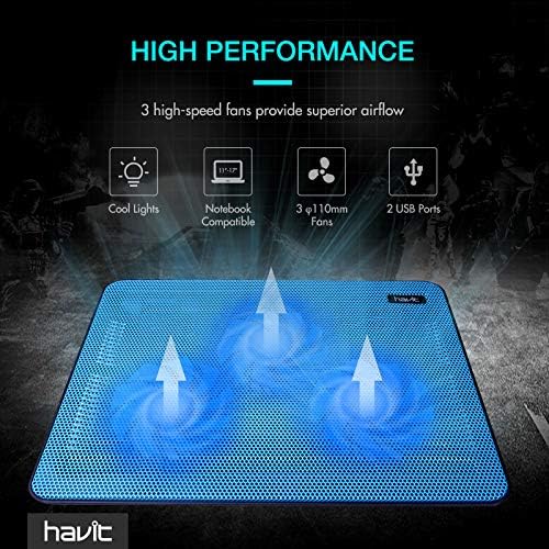 havit HV-F2056 15.6"-17" Laptop Cooler Cooling Pad - Slim Portable USB Powered (3 Fans), Black/Blue | Three quiet USB-powered fans circulate air below the laptop, two height settings improve viewing and typing comfort