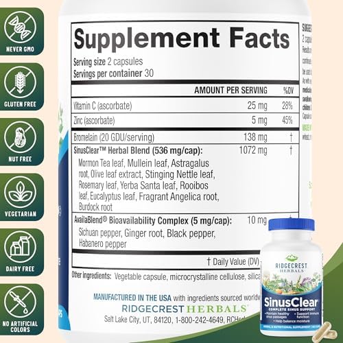 RidgeCrest Herbals SinusClear Mullein Sinus, Nasal and Immune Support 60 Ct | 30 Servings, Mullein Leaf, Bromelain, Vitamin C, Zinc