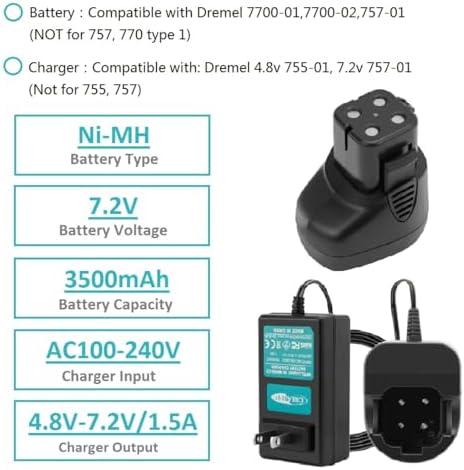 CREABEST 2Packs 7.2V 3.5Ah Ni-MH Replacement Battery fits Dremel 757-01