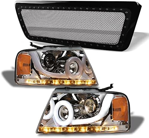 Sequential LED Halo Strip Tube Bar Chrome Housing Projector Headlights Signal Lamps Amber nb + Glossy Black RVT Rivet Bolt Steel Mesh Front Hood