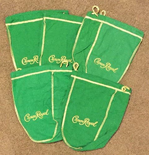 Pack of 5 Green Crown Royal Bags w/Gold Drawstrings from 1 Liter Bottles (9 inch x 5.5 inch) for Gift Bags