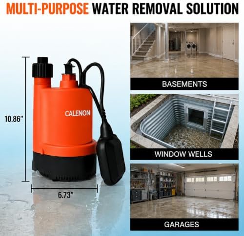 1/3 HP Submersible Utility Pump, 2400 GPH, Auto Float Switch | Drains to 1/4 in., 3/4 in. GHT adapter included, For basements