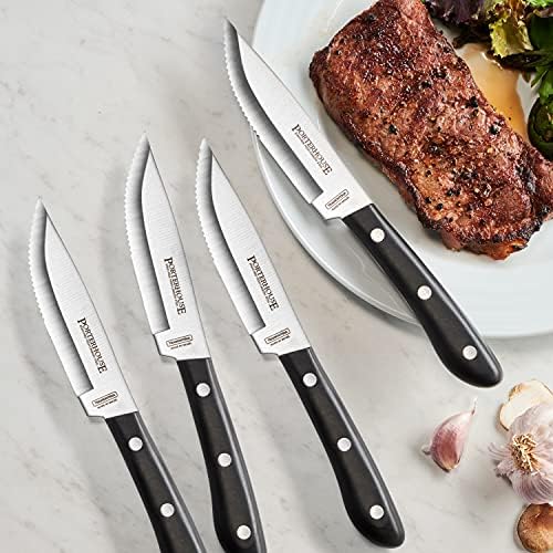 Tramontina Porterhouse 4-Pc Steak Knives | 5-Inch Stainless Steel High-Carbon Serrated Blade, Kitchen Knife Set with Hardwood Block, Full-Tang, Dishwasher-Safe