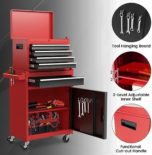Goplus Rolling Tool Chest, 5-Drawer Tool Box Organizer w/Lockable Wheels & Sliding Drawers & Detachable Top & Adjustable Shelf