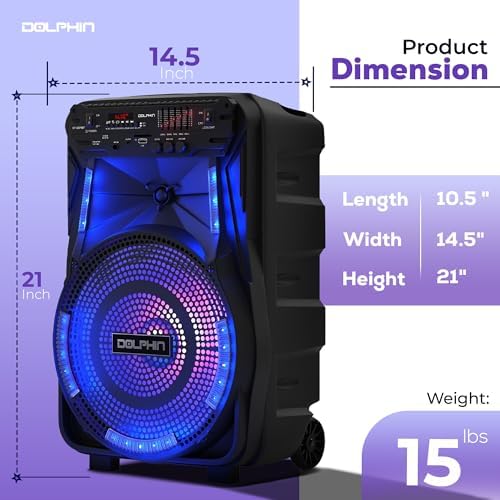 Dolphin Large Bluetooth Party Speaker with Trolley & Wheels, 12" Woofer | WaveSync Pairing, 5-Band EQ, Piezo Tweeter, USB, SD, FM & AUX Inputs