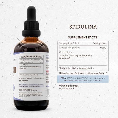 Secrets of the Tribe Spirulina Alcohol-Free Liquid Extract, Spirulina (Arthrospira Platensis) Tincture Supplement (2 FL OZ)