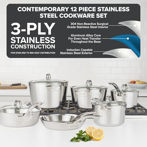 Viking Contemporary 3-Ply Pots and Pans Set, 10 Piece Stainless Steel Kitchen Cookware, Silver
