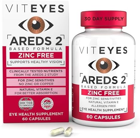 Viteyes AREDS 2 Zinc Free Macular Support, Natural Allergen Free Capsules with Vitamin E, Vitamin C, Lutein & Zeaxanthin, No Zinc, No Copper, Eye Doctor Trusted, Manufactured in the USA, 180 Ct