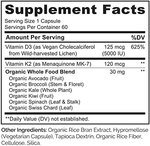 NATURELO Vitamin D3 K2, Vegan K2+D3 Supplement, 60 Capsules