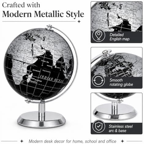 EXERZ 5.5 Inches Mini World Globe Black Rotating Desktop Globe | With Stainless Steel Base for Home Office School