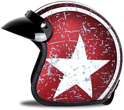 3/4 Open Face helmet, Motorcycle Helmet Flat with Rebel Star Graphic White + Red (M)