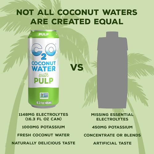 C2O Pure Coconut Water with Pulp, 16.3 Fluid Ounce, Pack of 8