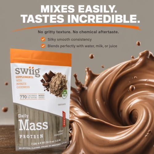 swiig Mass Builder Protein Powder, Chocolate, No GMO Ingredients, No Artificial Flavors, Colors or Sweeteners, No Fillers, 3.3 Pound Bag
