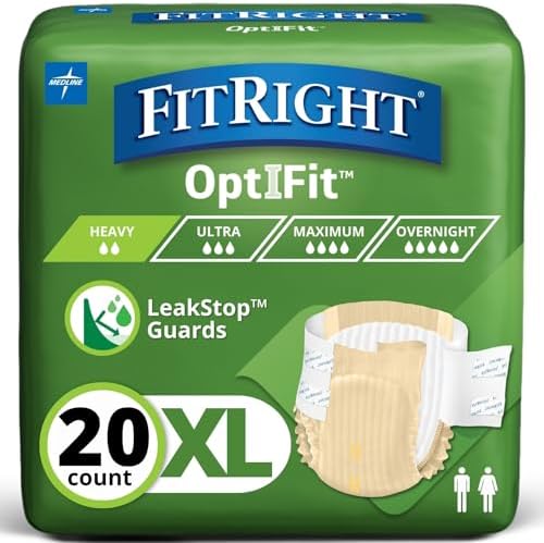 FitRight Adult Diapers, Extra+ Heavy Absorbency, M (Waist Size 32in-44in), 80 Count, OptiFit Incontinence Briefs for Men and Women, Disposable, Moisture-Wicking, Leak Protection,