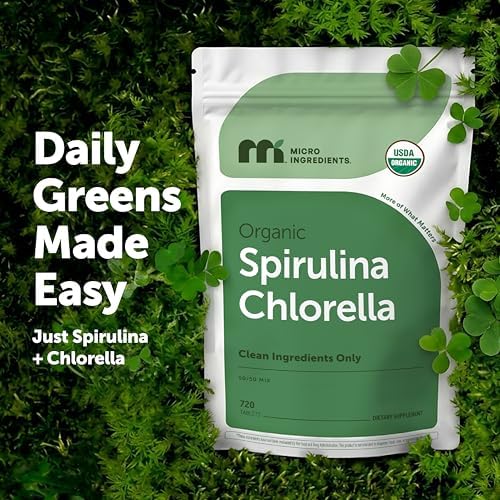 Micro Ingredients Organic Spirulina Chlorella Tablets, 720 Count | 4 Month Supply. 50/50 Algae Blend, Broken Cell Wall