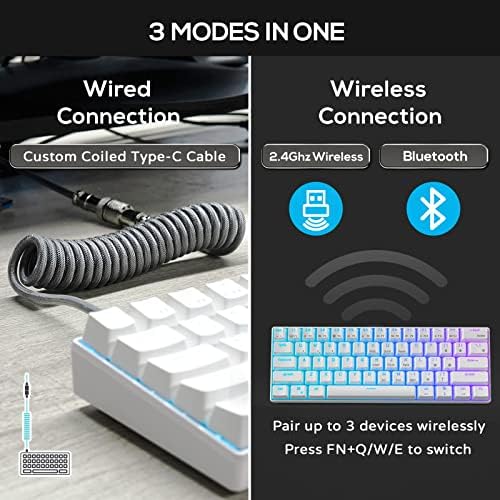 RK ROYAL KLUDGE RK61 Wireless Mechanical Keyboard, 60% Percent RGB, White | Hot Swappable Gaming Keyboard with Bluetooth/2.4G/USB, 61 Keys Ultra-Compact for Win/Mac/PC, Coiled Cable, Linear Red Switch