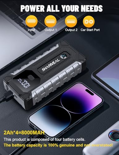 Sharmeal Car Jump Starter 7000A, Jump Starter Battery Pack for All Gas and 12.0L Diesel, 12V Portable Jump Box with LED Light