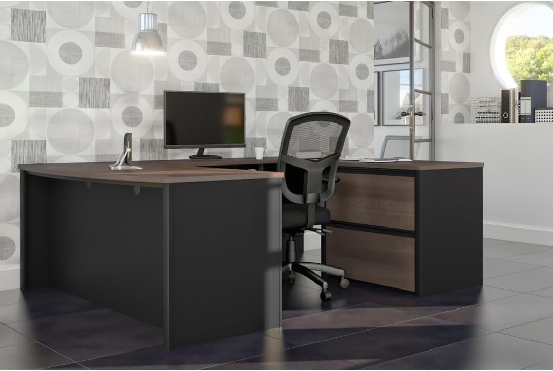 Bestar U-Shaped Executive Desk with Cabinet, Antigua/Black, Connexion, 72W