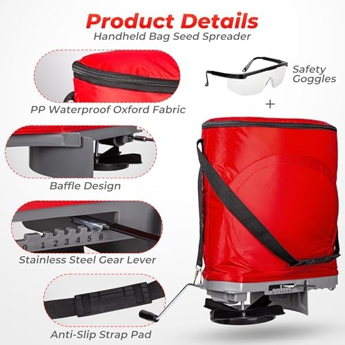 Walensee Handheld Seed Spreader with 25lb Bag, Frame Support, Flow Control, Enclosed Gears, Rear Baffle